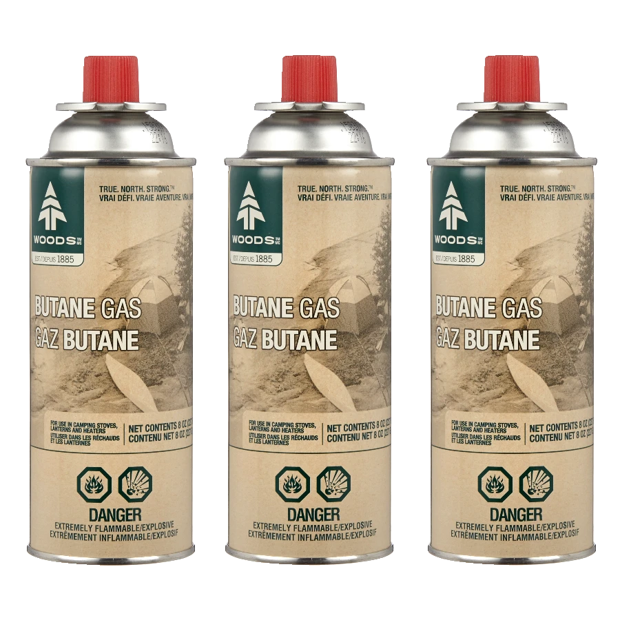 Woods Butane Gas Canister/Cartridge, Fuel For Camping Stoves, Lanterns & Heaters, 8-oz, 3-pk 3 Woods Butane Gas Canister/Cartridge, Fuel For Camping Stoves, Lanterns & Heaters, 8-oz, 3-pk